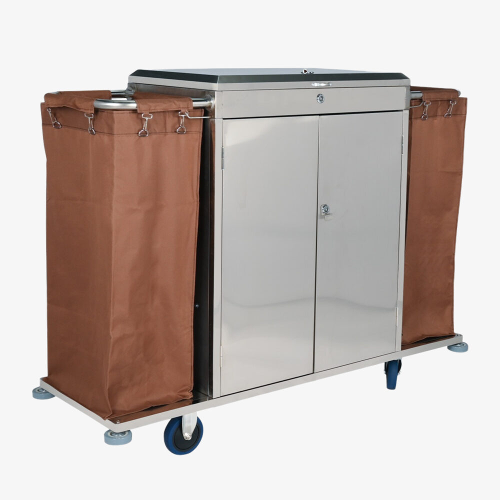 Best hotel housekeeping trolley Cart with stainless steel doors at #1factory price