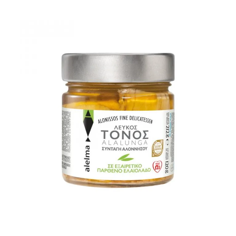 Pieces of Greek white tuna from Alonissos Alalunga in olive oil